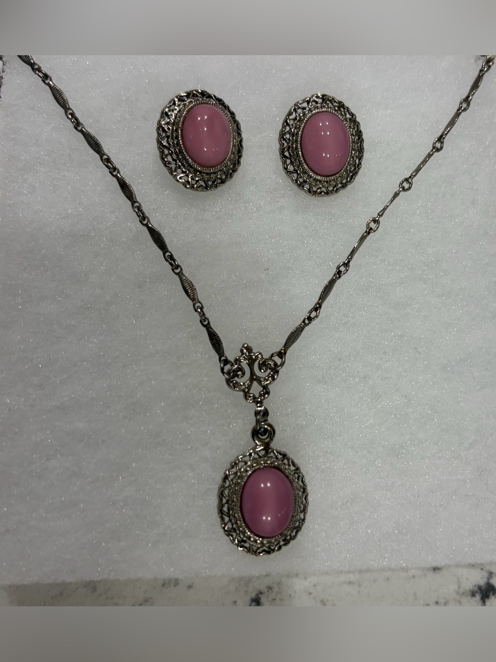 1928 Vintage-Inspired Pink Cabochon Silver Necklace & Earring Set